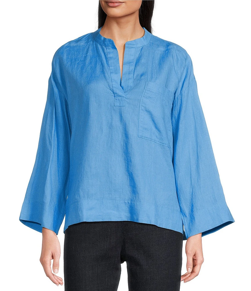 Eileen Fisher Organic Linen Mandarin Collar Long Sleeve Pop-Over Top
