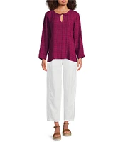 Eileen Fisher Organic Linen Split Round Neck Bracelet Sleeve Top