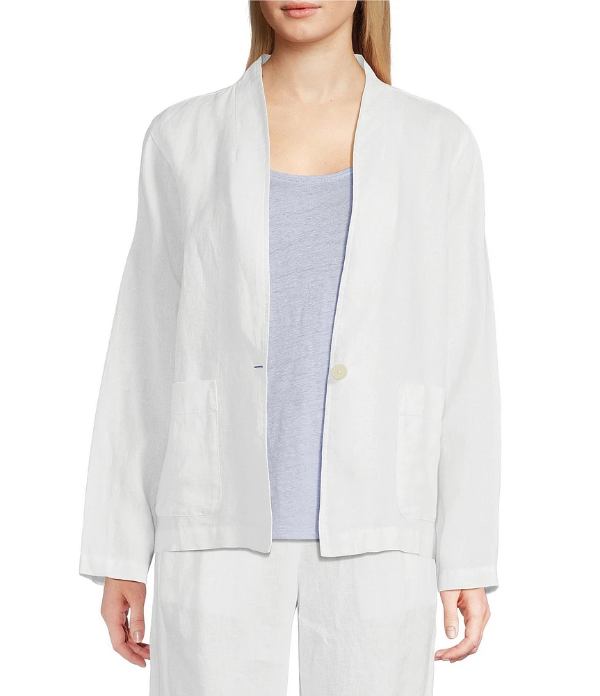 Eileen Fisher Organic Linen V-Neck High Collar Long Sleeve Jacket