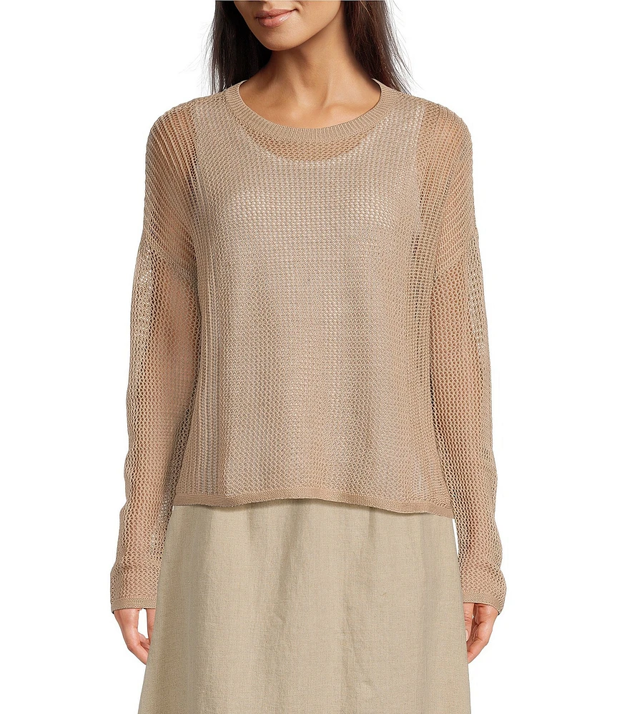 Eileen Fisher Petite Organic Linen Cotton Knit Crew Neck Long Sleeve Sweater