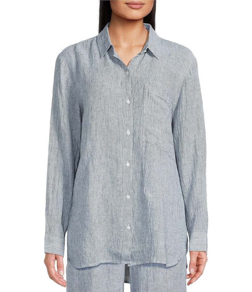 Eileen Fisher Petite Puckered Organic Linen Point Collar Long Sleeve Shirt