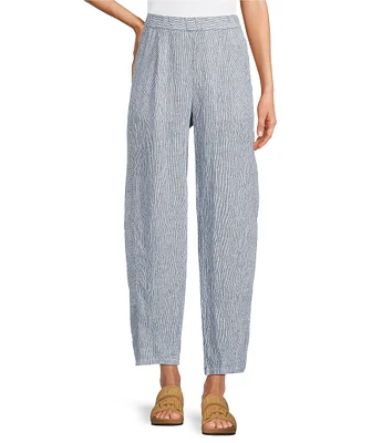Eileen Fisher Petite Puckered Organic Linen Yarn-Dyed Stripe Elastic Waist Pull-On Pants