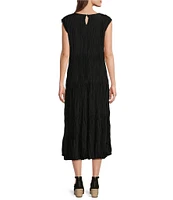 Eileen Fisher Petite Size Crinkle Silk Crew Neck Cap Sleeve Tiered Midi Dress