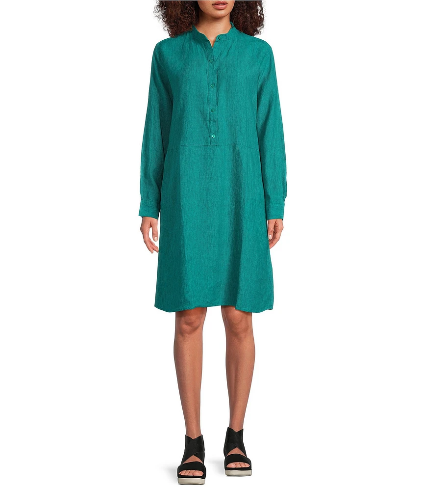 Eileen Fisher Petite Size Organic Linen Mandarin Collar Long Sleeve Dress
