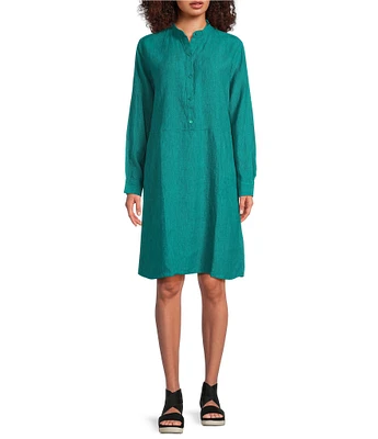 Eileen Fisher Petite Size Organic Linen Mandarin Collar Long Sleeve Dress