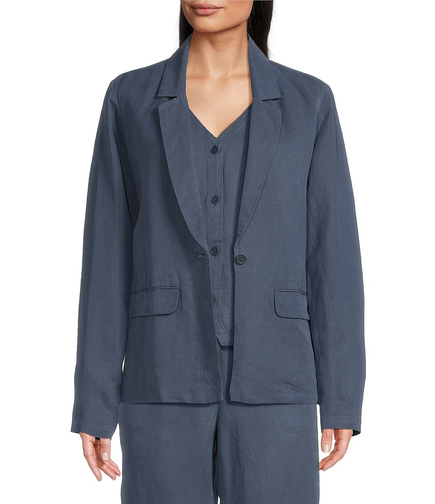 Eileen Fisher Petite Size Organic Linen Silk Twill Notch Lapel Long Sleeve Blazer