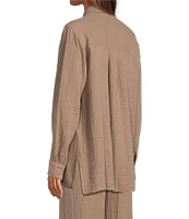 Eileen Fisher Petite Size Organic Cotton Gauze Point Collar Long Sleeve Top