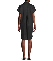 Eileen Fisher Petite Size Organic Linen Notch Collar V-Neck Cap Sleeve Shirt Dress