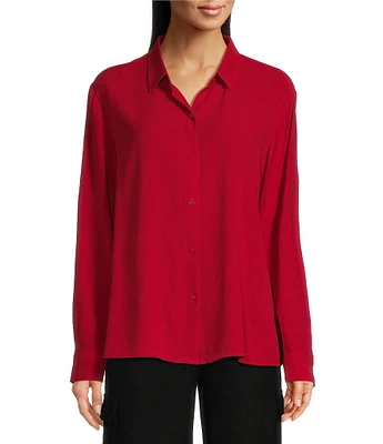 Eileen Fisher Petite Size Silk Georgette Crepe Point Collar Long Sleeve Button Front Shirt