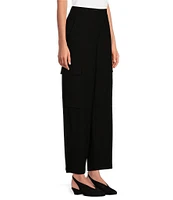 Eileen Fisher Petite Size Stretch Crepe Stretch Elastic Waist Lantern Ankle Length Wide Cargo Pants