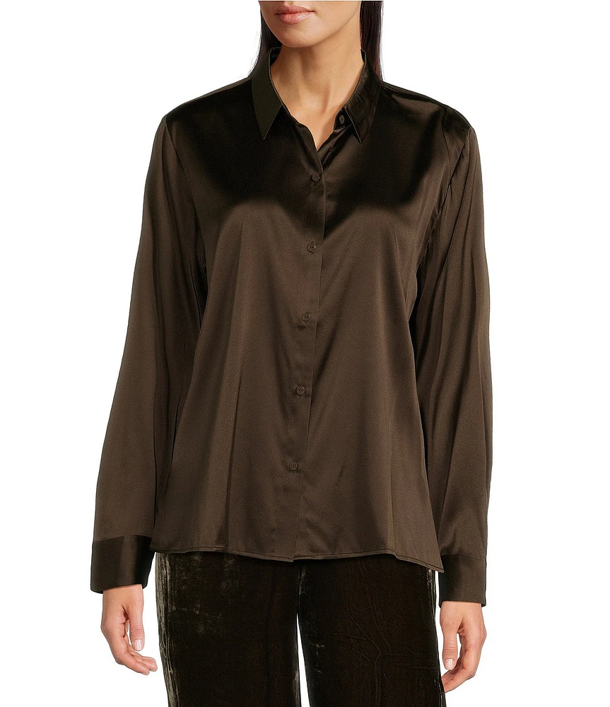 Eileen Fisher Petite Size Stretch Silk Charmeuse Point Collar Long Sleeve Button Front Shirt