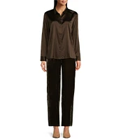 Eileen Fisher Petite Size Stretch Silk Charmeuse Point Collar Long Sleeve Button Front Shirt