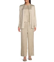 Eileen Fisher Petite Size Striated Silk Satin Straight Leg Pull-On Ankle Pants