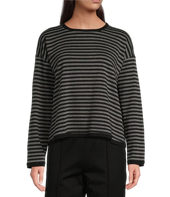 Eileen Fisher Petite Size Striped Cozy Brushed Terry Round Neck Long Sleeve Boxy Crop Top