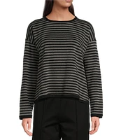 Eileen Fisher Petite Size Striped Cozy Brushed Terry Round Neck Long Sleeve Boxy Crop Top