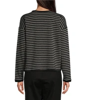 Eileen Fisher Petite Size Striped Cozy Brushed Terry Round Neck Long Sleeve Boxy Crop Top