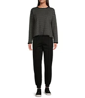 Eileen Fisher Petite Size Striped Cozy Brushed Terry Round Neck Long Sleeve Boxy Crop Top