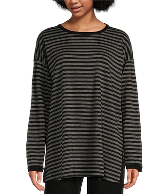 Eileen Fisher Petite Size Striped Cozy Brushed Terry Round Neck Long Sleeve Long Boxy Top