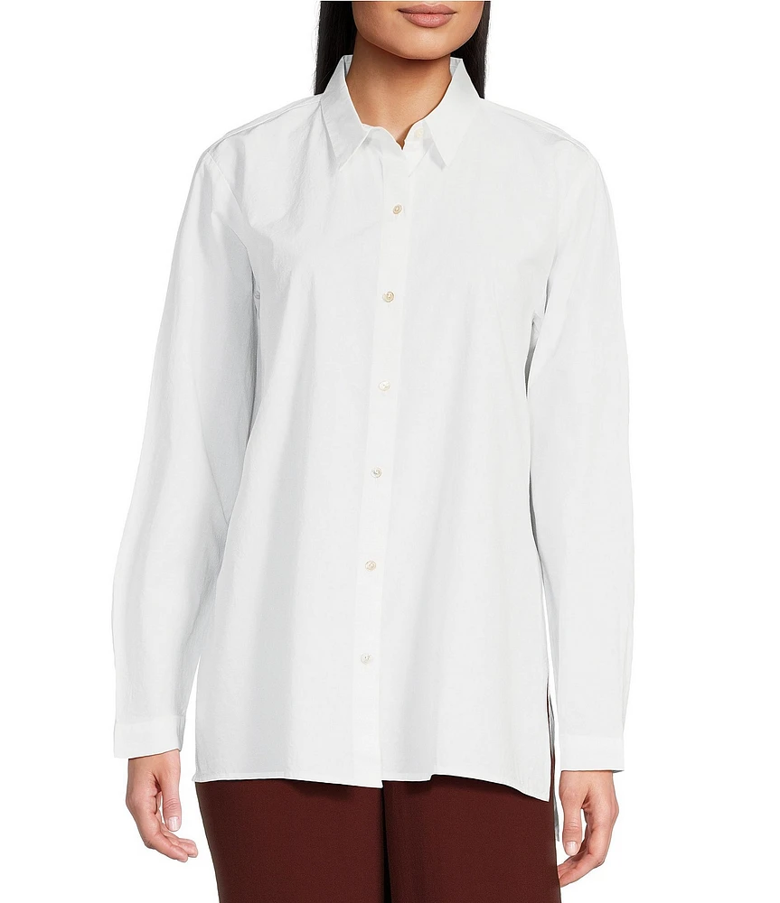 Eileen Fisher Petite Size Washed Organic Cotton Poplin Point Collar Long Sleeve Button Front Shirt