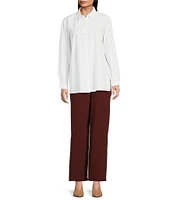 Eileen Fisher Petite Size Washed Organic Cotton Poplin Point Collar Long Sleeve Button Front Shirt