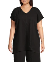 Eileen Fisher Plus Organic Cotton Blend Crinkle Jersey V-Neck Short Sleeve Top