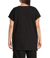 Eileen Fisher Plus Organic Cotton Blend Crinkle Jersey V-Neck Short Sleeve Top