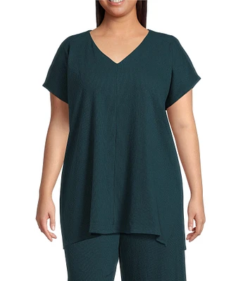 Eileen Fisher Plus Organic Cotton Blend Crinkle Jersey V-Neck Short Sleeve Top