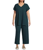 Eileen Fisher Plus Organic Cotton Blend Crinkle Jersey V-Neck Short Sleeve Top