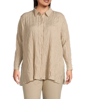 Eileen Fisher Plus Crinkle Silk Classic Collar Long Sleeve Button Down Shirt