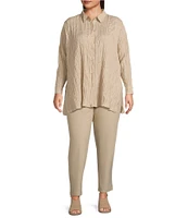 Eileen Fisher Plus Crinkle Silk Classic Collar Long Sleeve Button Down Shirt