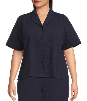 Eileen Fisher Plus Crinkled Organic Cotton Notch Collar Short Sleeve Top