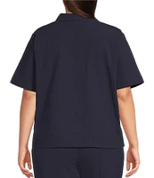 Eileen Fisher Plus Crinkled Organic Cotton Notch Collar Short Sleeve Top