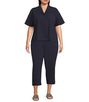 Eileen Fisher Plus Crinkled Organic Cotton Notch Collar Short Sleeve Top