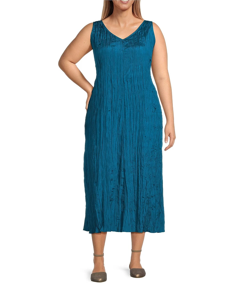 Eileen Fisher Plus Crushed Silk V-Neck Sleeveless Midi Dress