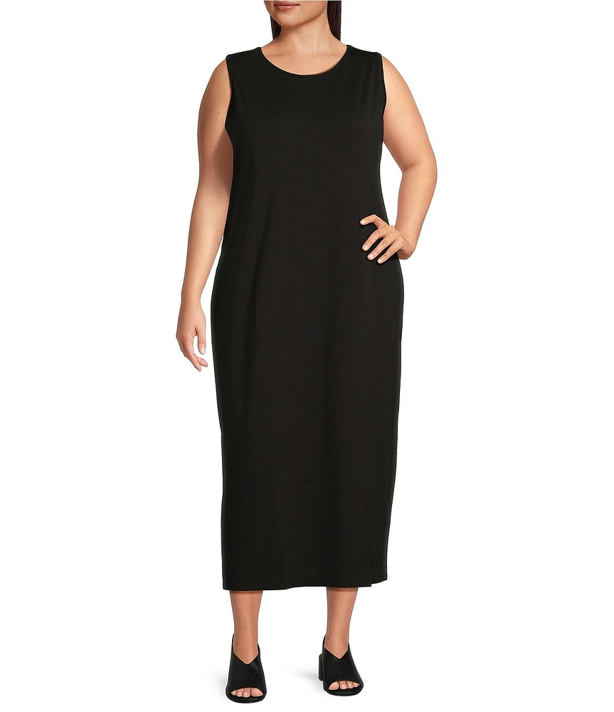 Eileen Fisher Plus Jersey Knit Round Neck Sleeveless Midi Dress