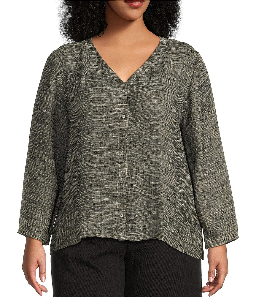 Eileen Fisher Plus Organic Linen Gauze Jacquard V-Neck Long Sleeve Top