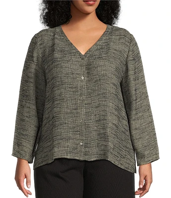 Eileen Fisher Plus Organic Linen Gauze Jacquard V-Neck Long Sleeve Top