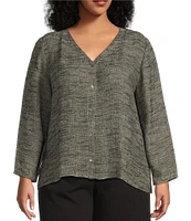 Eileen Fisher Plus Organic Linen Gauze Jacquard V-Neck Long Sleeve Top