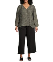 Eileen Fisher Plus Organic Linen Gauze Jacquard V-Neck Long Sleeve Top