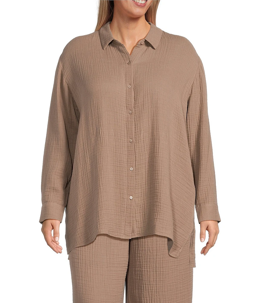 Eileen Fisher Plus Organic Cotton Gauze Point Collar Long Sleeve Top