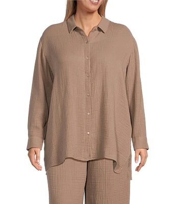 Eileen Fisher Plus Organic Cotton Gauze Point Collar Long Sleeve Top