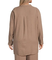 Eileen Fisher Plus Organic Cotton Gauze Point Collar Long Sleeve Top