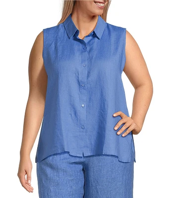 Eileen Fisher Plus Organic Handkerchief Linen Point Collar Sleeveless Button Front Shirt