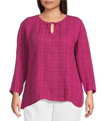 Eileen Fisher Plus Organic Linen Split Round Neck Bracelet Sleeve Top