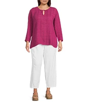 Eileen Fisher Plus Organic Linen Split Round Neck Bracelet Sleeve Top