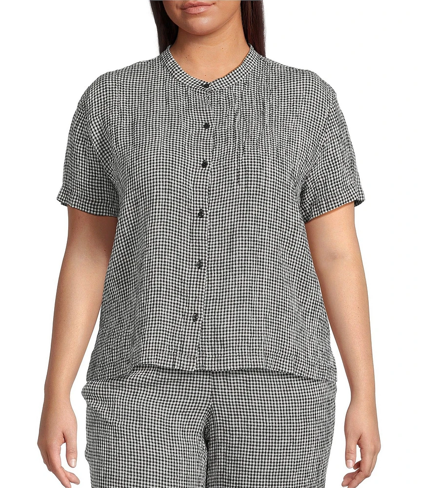Eileen Fisher Plus Puckered Organic Linen Gingham Mandarin Collar Short Sleeve Coordinating Top