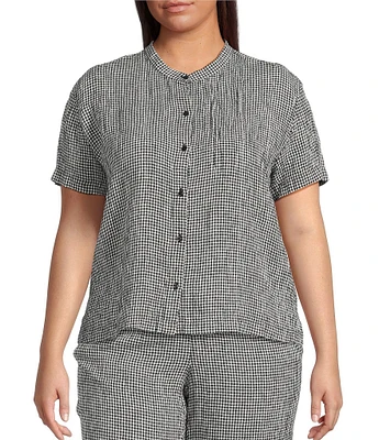 Eileen Fisher Plus Puckered Organic Linen Gingham Mandarin Collar Short Sleeve Coordinating Top