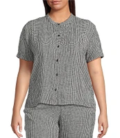 Eileen Fisher Plus Puckered Organic Linen Gingham Mandarin Collar Short Sleeve Coordinating Top