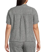 Eileen Fisher Plus Puckered Organic Linen Gingham Mandarin Collar Short Sleeve Coordinating Top