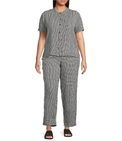 Eileen Fisher Plus Puckered Organic Linen Gingham Mandarin Collar Short Sleeve Coordinating Top